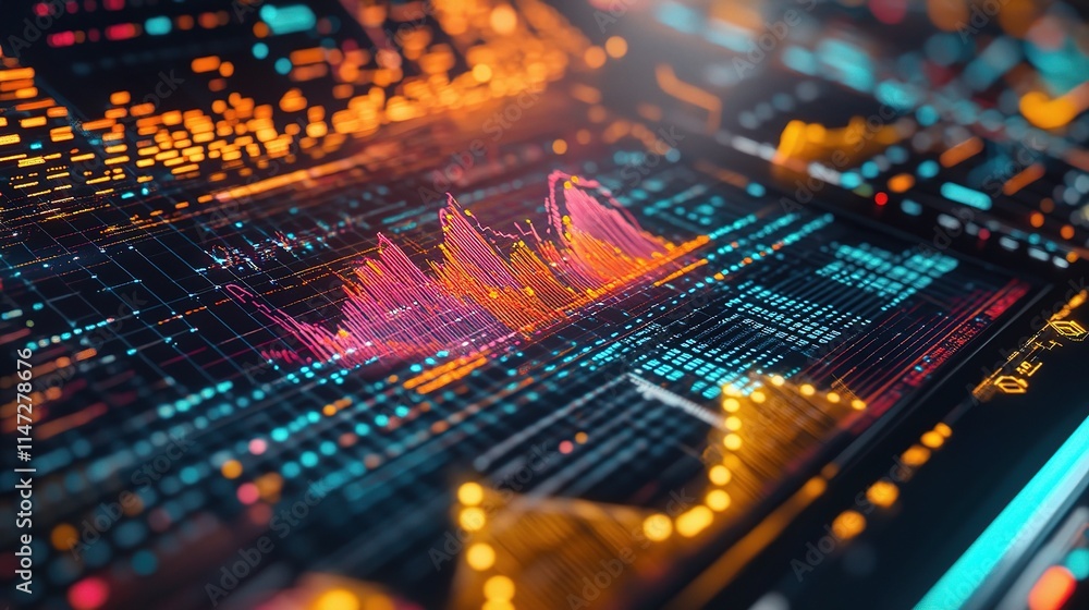 Poster colorful digital data analytics display with vibrant charts and graphs