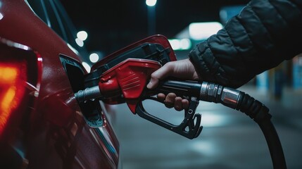 A close-up of a hand holding a fuel pump nozzle, filling a car with gasoline at a modern gas station, capturing the act of fueling in a busy environment