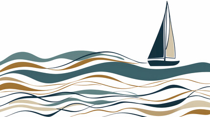 A minimalist illustration of a sailboat on stylized waves in earthy colors.