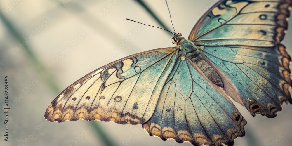 Poster a detailed close-up of a blue and brown butterfly with delicate veins and patterns on its wings