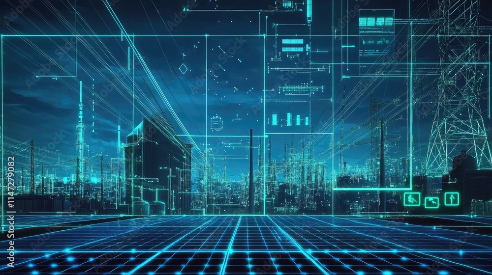 Poster a computer display featuring blue digital grid lines and green icons, set against the backdrop of an