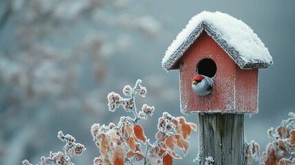 A charming birdhouse adorned with frost, featuring a small bird peeking out, set against a serene winter backdrop.