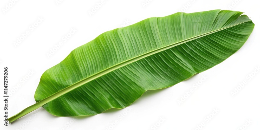 Poster a single large green banana leaf isolated on a white background, showcasing its intricate veins and 