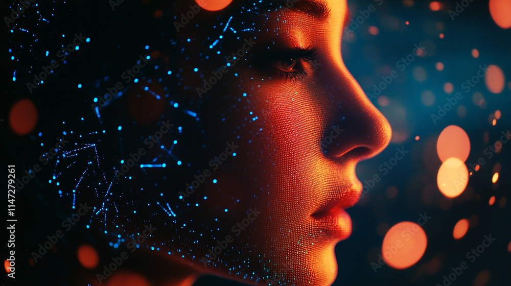 Poster exploring the connection between technology and human expression in vibrant colors.