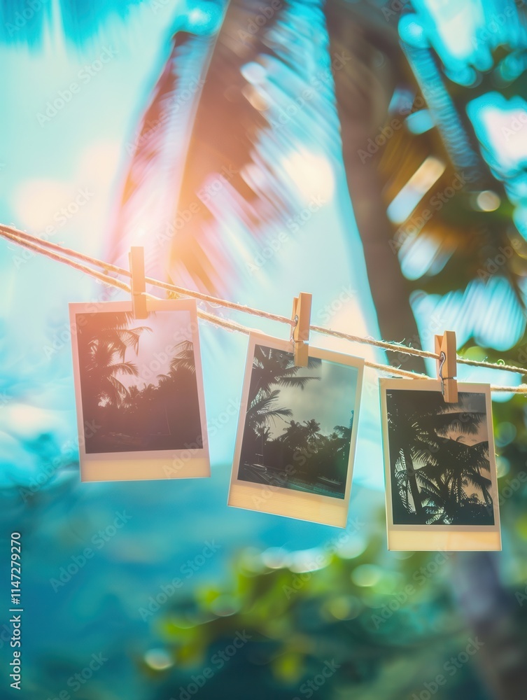 Leinwandbilder polaroid photos suspended on a string with clothespins against a tropical backdrop during daytime. g