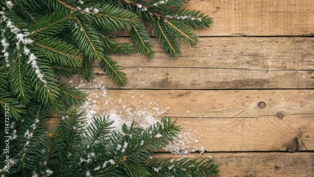 Poster snow-dusted evergreen branches on a rustic wood background