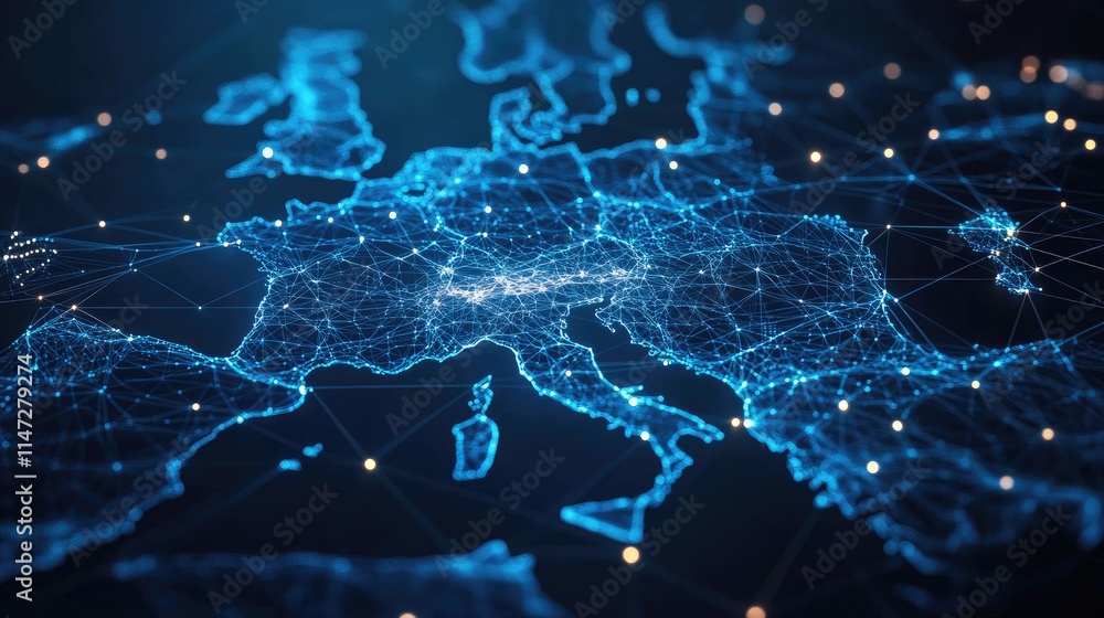 Poster A conceptual map of Germany with a digital wireframe network, symbolizing the internet age and global connectivity