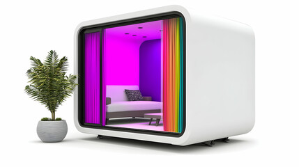 A modern, colorful pod with a cozy interior, designed for relaxation and leisure.