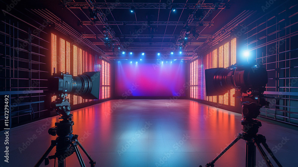 Poster studio setup with professional cameras and vibrant lighting in a performance space.