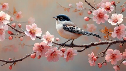 Fototapeta premium A delicate bird perched on a blossoming cherry tree branch, surrounded by vibrant pink flowers in soft natural light.