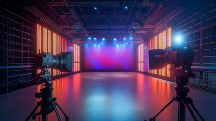 Studio setup with professional cameras and vibrant lighting in a performance space.  