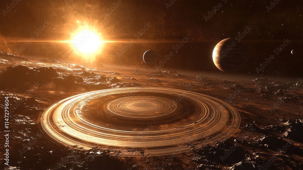 Poster A cosmic scene showing a planet surrounded by rings, with the sun's warm rays highlighting its surface and other distant planets floating in space