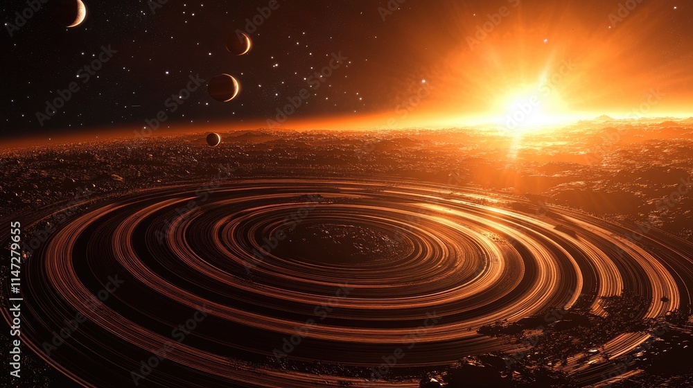 Aufkleber a cosmic scene showing a planet surrounded by rings, with the sun's warm rays highlighting its surfa