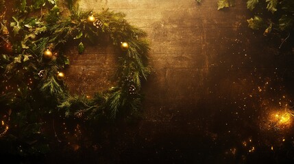 Obraz premium A beautifully arranged Christmas wreath adorned with golden ornaments and surrounded by rich greenery against a warm, textured wooden backdrop.