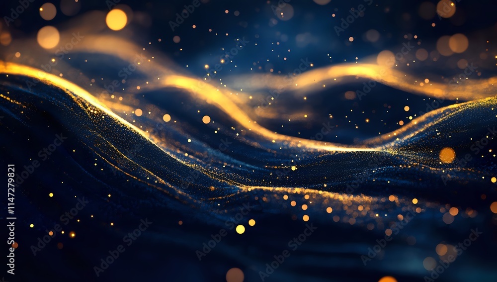 Aufkleber glowing particles flowing dynamically across dark blue background with golden lights, abstract digit