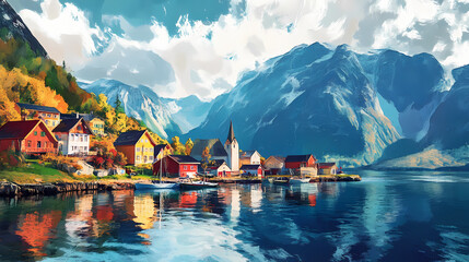 Naklejka premium Beautiful village at river side generative ai. Fjordic. Illustration