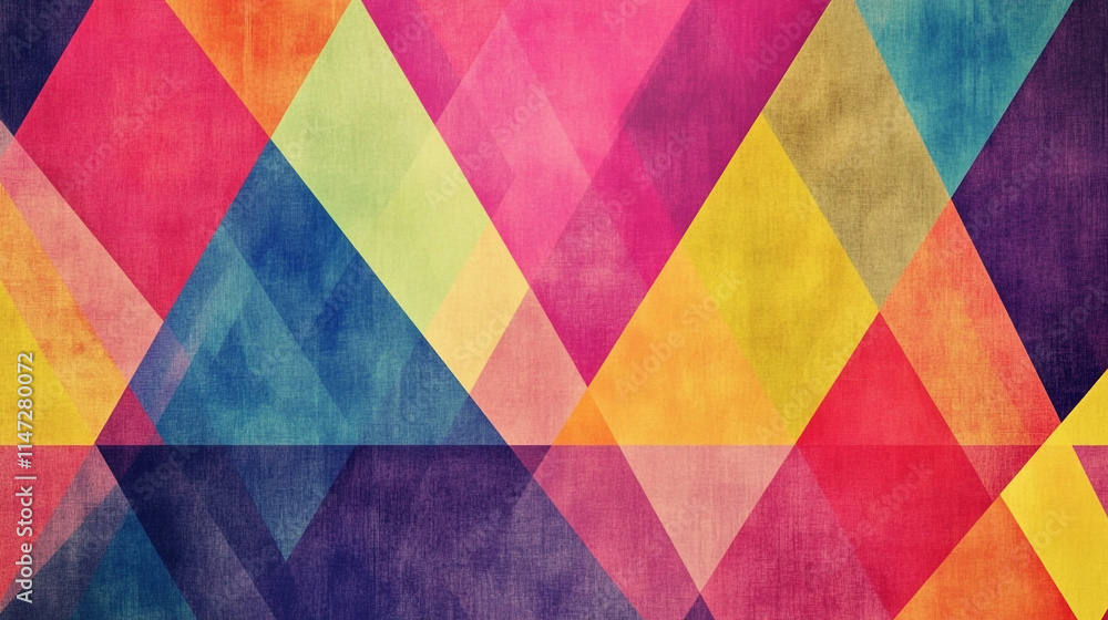 Poster vibrant geometric pattern with triangles in various colors and textures.