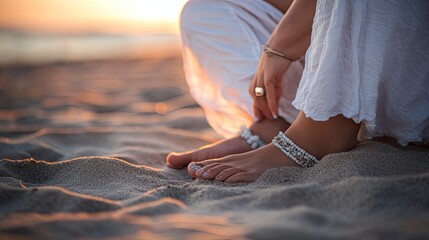 A serene moment at the beach with a woman adjusting her anklet while sitting on warm sand during sunset