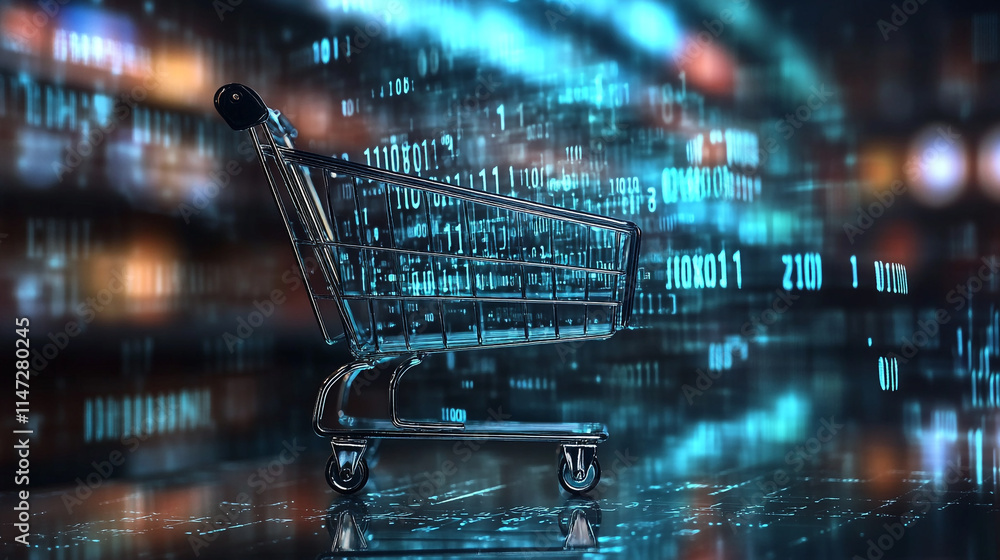 Poster digital shopping trends depicted through a shopping cart and binary data.
