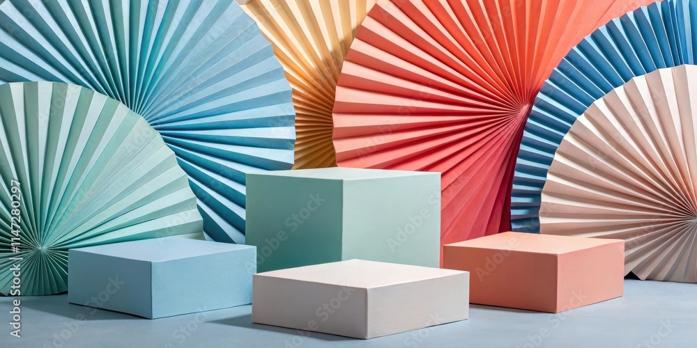 Poster abstract minimalist product display with folding paper fans and pastel cube platforms