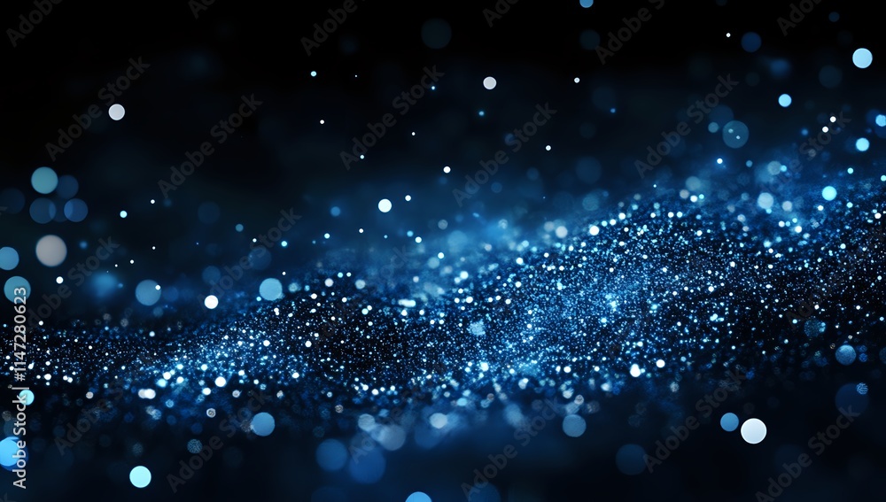 Poster glimmering blue particles flow dynamically across dark background, creating a sparkling, shimmering,