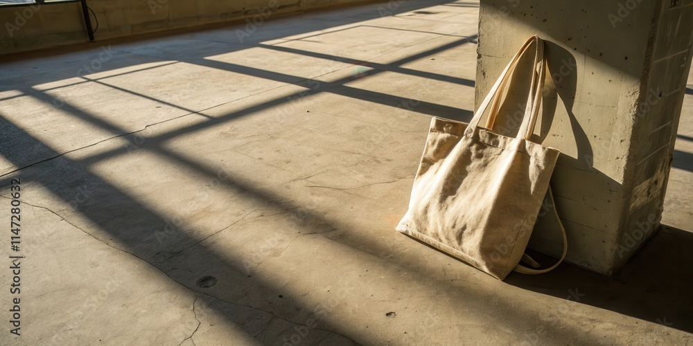 Poster a simple canvas tote bag resting against a concrete pillar, bathed in the warm glow of sunlight stre