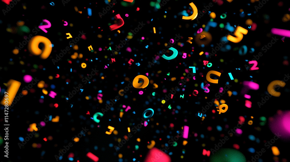Poster colorful numbers and letters floating in dark space create vibrant digital art.
