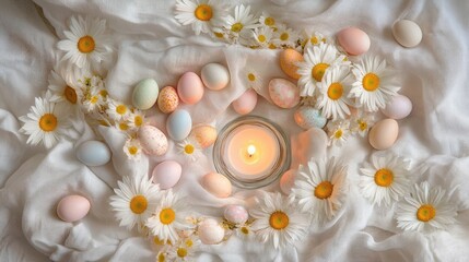 Beautifully arranged Easter eggs surrounded by delicate daisies and a glowing candle on soft white fabric