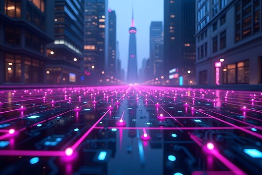 Abstract visual graphic background with internet network concept, urban high-rise buildings with low angle view.