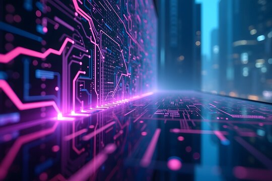 Abstract visual graphic background with internet network concept, urban high-rise buildings with low angle view.