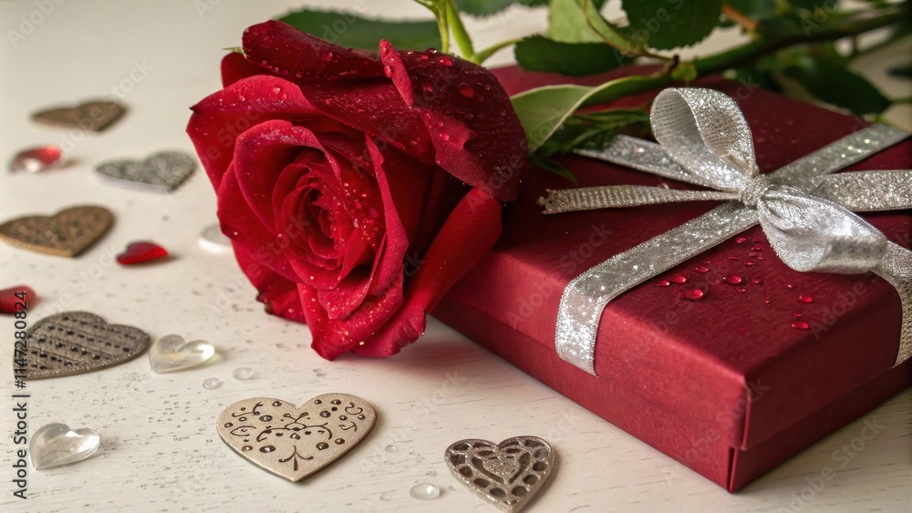 Poster a single red rose with dew drops rests on a red gift box tied with a silver ribbon and surrounded by