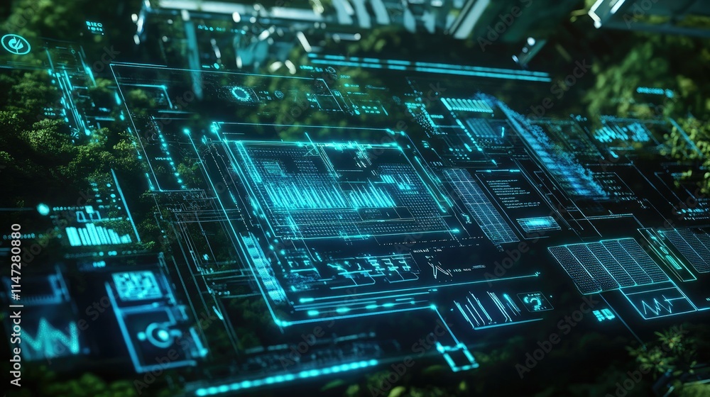Poster a digital display of blue lines and green icons showing a futuristic grid, with an electric power st