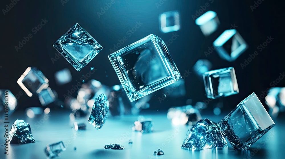 Poster floating ice cubes in a surreal environment, showcasing their transparent structure and reflective s