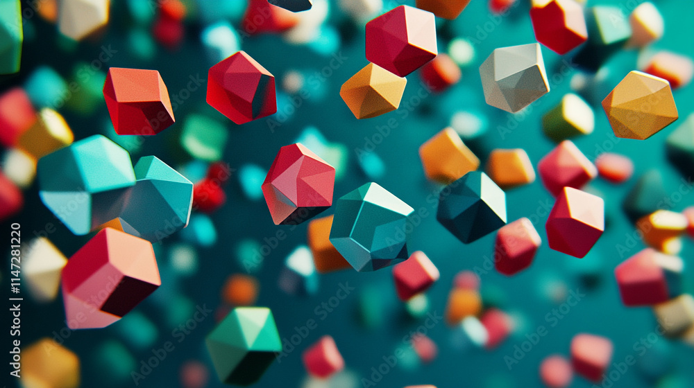 Poster colorful geometric shapes floating in a three-dimensional space.