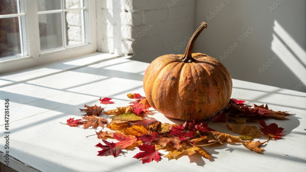 Poster a single pumpkin rests on a white table with autumn leaves scattered around it, bathed in the warm g