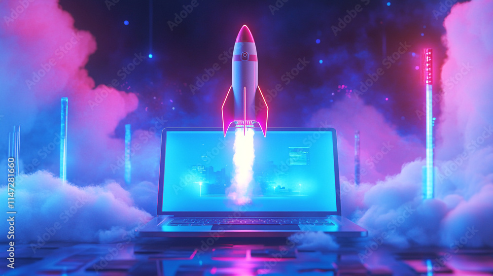 Poster computer graphics of a rocket launching from a laptop in vibrant colors.