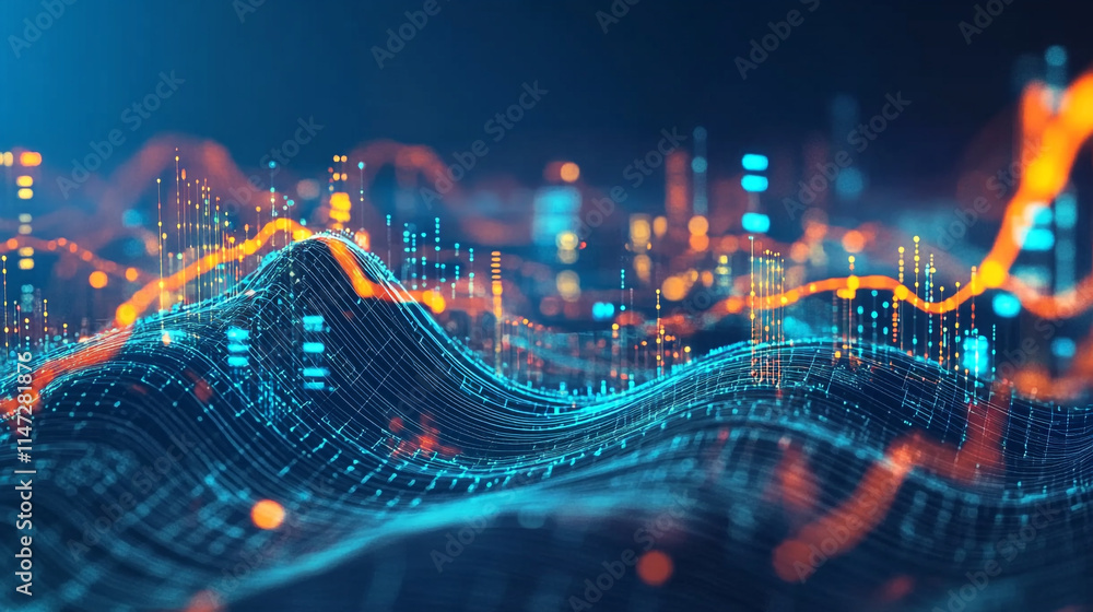 Poster visual representation of data trends with vibrant colors and dynamic lines.