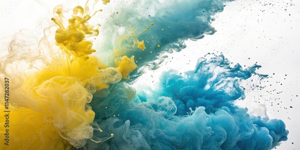 Aufkleber Abstract Art of Yellow and Blue Ink Clouds Intertwining and Swirling in a White Space