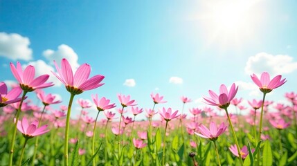 Fototapeta premium A Serene Meadow of Delicate Pink Blossoms Under a Bright Sunny Sky