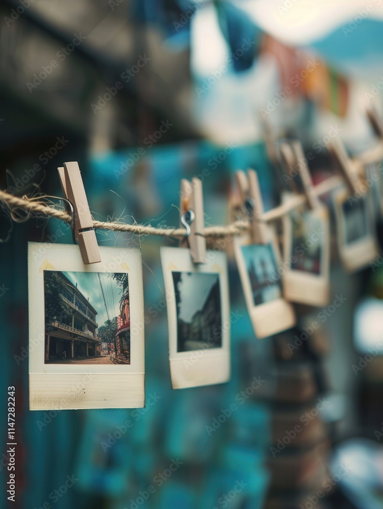 Poster polaroid photos hanging on a string with clothespins creating a nostalgic display for memories. gene