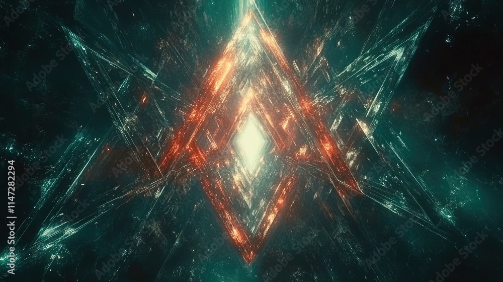 Poster intricate fractal composition featuring glowing geometric shapes in a cosmic environment with vibran
