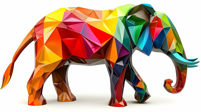 A colorful, geometric representation of an elephant showcasing artistic design.