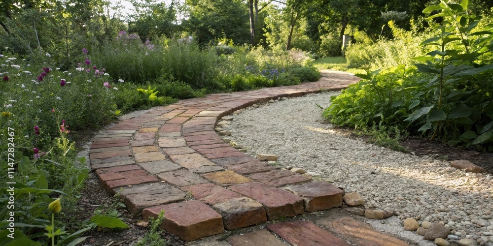Poster a brick path through a lush garden, winding its way through greenery and flowers, leading towards th