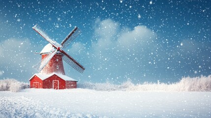 A beautiful snowy landscape featuring a charming red windmill amidst a winter wonderland with falling snowflakes