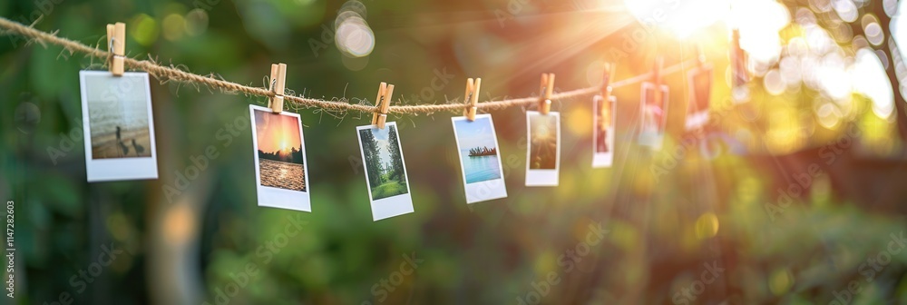 Aufkleber polaroid photos displayed on string with clothespins against a natural backdrop during golden hour. 