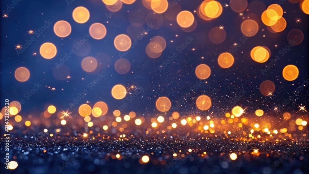 Poster A mesmerizing display of golden bokeh lights against a deep blue backdrop, creating a festive and magical atmosphere.