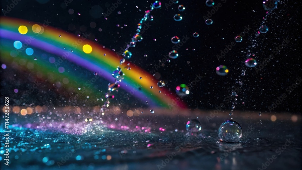 Poster a single water droplet lands on a surface, creating a splash surrounded by a field of iridescent wat