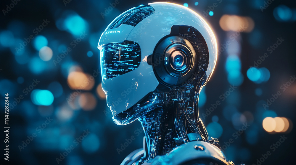 Poster futuristic android with glowing features agnst a digital backdrop.