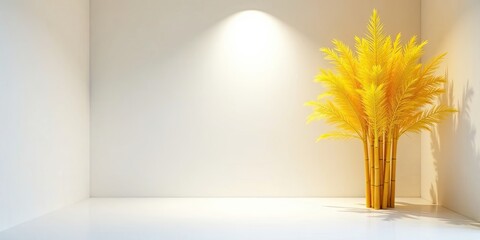 Obraz premium Illuminated Corner with Bright Yellow Tropical Plant in Minimalist Room