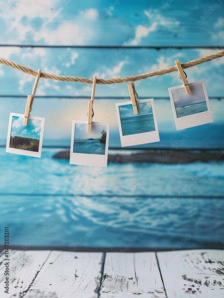 Poster hanging polaroid pictures on a string against a serene beach backdrop with empty space for creative 